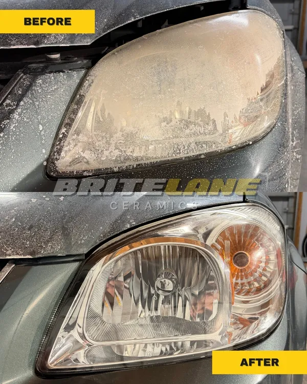 Headlight before and after ceramic restoration, a sun faded, yellowed headlight corrected to a clear, ceramic sealed finish.