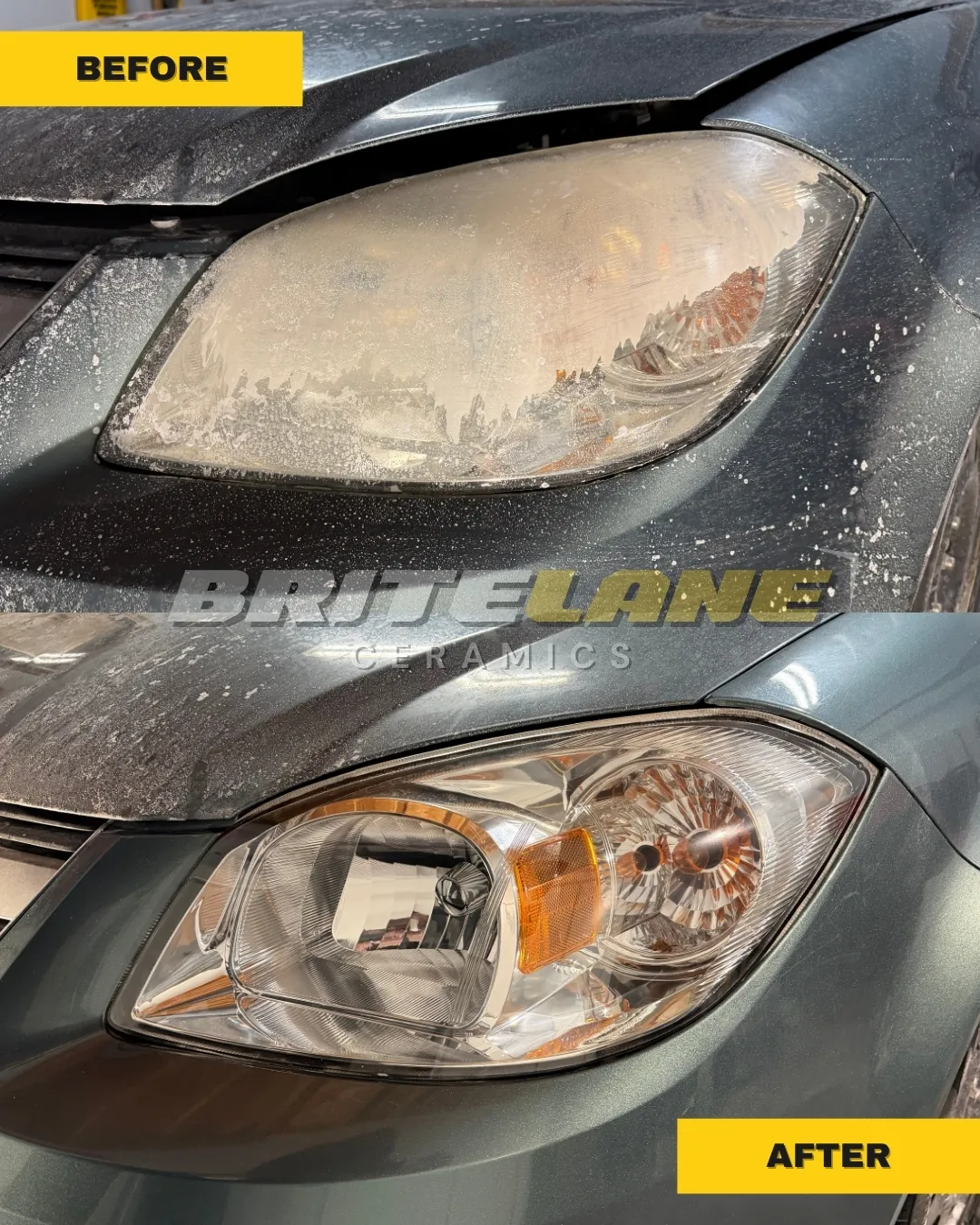 BriteLane Ceramics headlight correction result, a sun faded, yellowed headlight corrected to a clear, ceramic sealed finish.