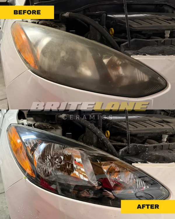 Before and after look at a headlight restoration, a sun faded, yellowed headlight corrected to a clear, ceramic sealed finish.