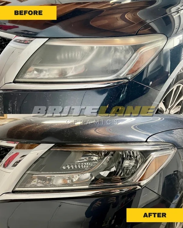 Before and after headlight restoration by BriteLane Ceramics, a hazy, discoloured lens corrected to a clear, ceramic sealed finish.