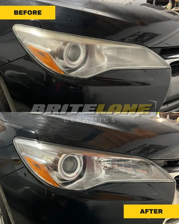 Headlight restoration result from BriteLane Ceramics, a hazy, discoloured lens corrected to a clear, ceramic sealed finish.