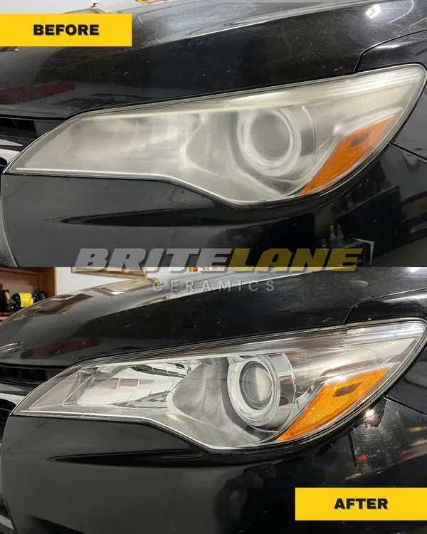 BriteLane Ceramics before and after photo, a hazy, discoloured lens corrected to a clear, ceramic sealed finish.
