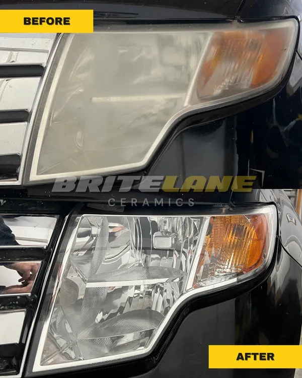 Restored headlight comparison from BriteLane Ceramics, a hazy, discoloured lens corrected to a clear, ceramic sealed finish.