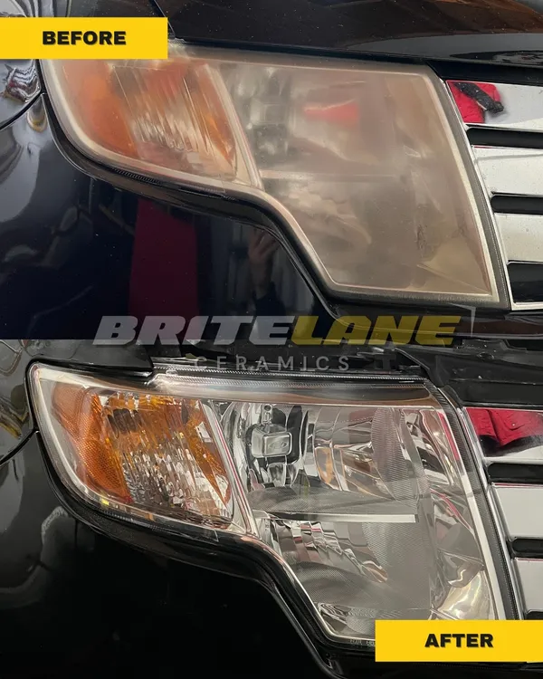 Before and after headlight correction, a hazy, discoloured lens corrected to a clear, ceramic sealed finish.