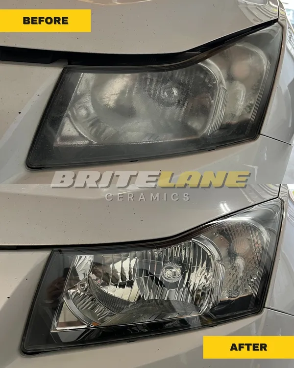 Before and after view of a headlight restoration, a hazy, discoloured lens corrected to a clear, ceramic sealed finish.
