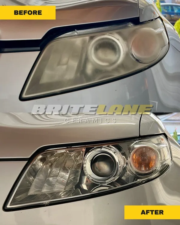 Headlight before and after ceramic restoration, a hazy, discoloured lens corrected to a clear, ceramic sealed finish.