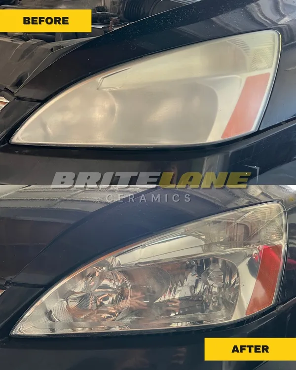 BriteLane Ceramics headlight correction result, a hazy, discoloured lens corrected to a clear, ceramic sealed finish.