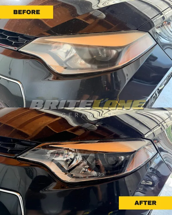 Before and after view of a headlight restoration, a yellowed and oxidized lens corrected to a clear, ceramic sealed finish.