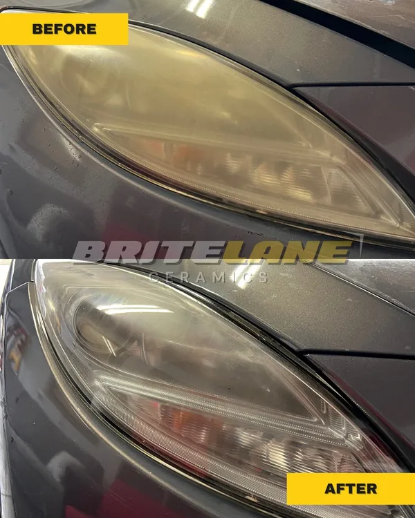 Before and after look at a headlight restoration, a hazy, discoloured lens corrected to a clear, ceramic sealed finish.