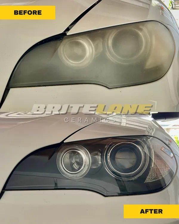 Before and after headlight restoration by BriteLane Ceramics, a badly oxidized headlight corrected to a clear, ceramic sealed finish.