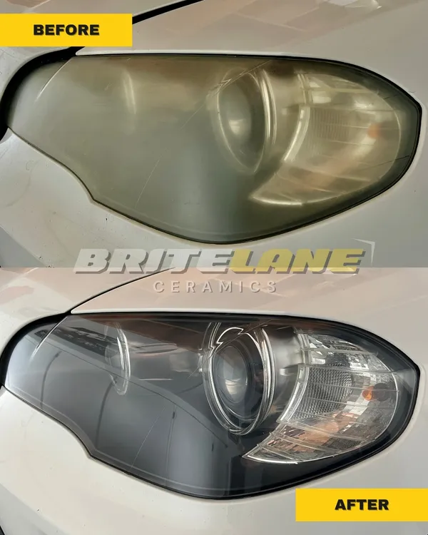 Headlight restoration result from BriteLane Ceramics, a badly oxidized headlight corrected to a clear, ceramic sealed finish.