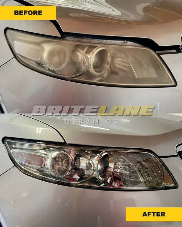 BriteLane Ceramics before and after photo, a badly oxidized headlight corrected to a clear, ceramic sealed finish.