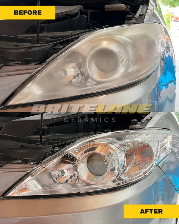 Restored headlight comparison from BriteLane Ceramics, a badly oxidized headlight corrected to a clear, ceramic sealed finish.