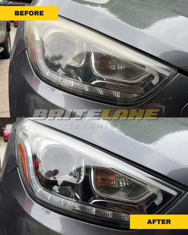 Before and after headlight correction, a badly oxidized headlight corrected to a clear, ceramic sealed finish.