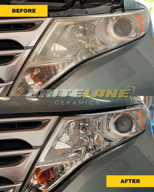 BriteLane Ceramics restoration photo, a badly oxidized headlight corrected to a clear, ceramic sealed finish.