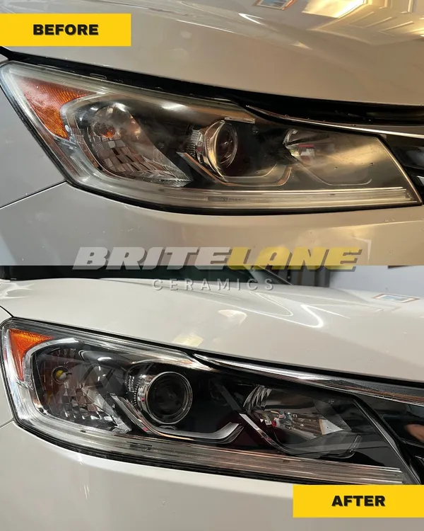 Before and after view of a headlight restoration, a badly oxidized headlight corrected to a clear, ceramic sealed finish.