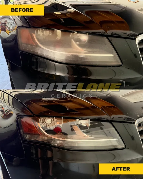Headlight before and after ceramic restoration, a yellowed and oxidized lens corrected to a clear, ceramic sealed finish.