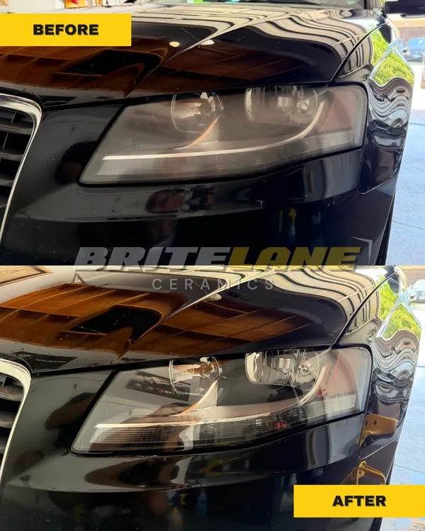 BriteLane Ceramics headlight correction result, a yellowed and oxidized lens corrected to a clear, ceramic sealed finish.